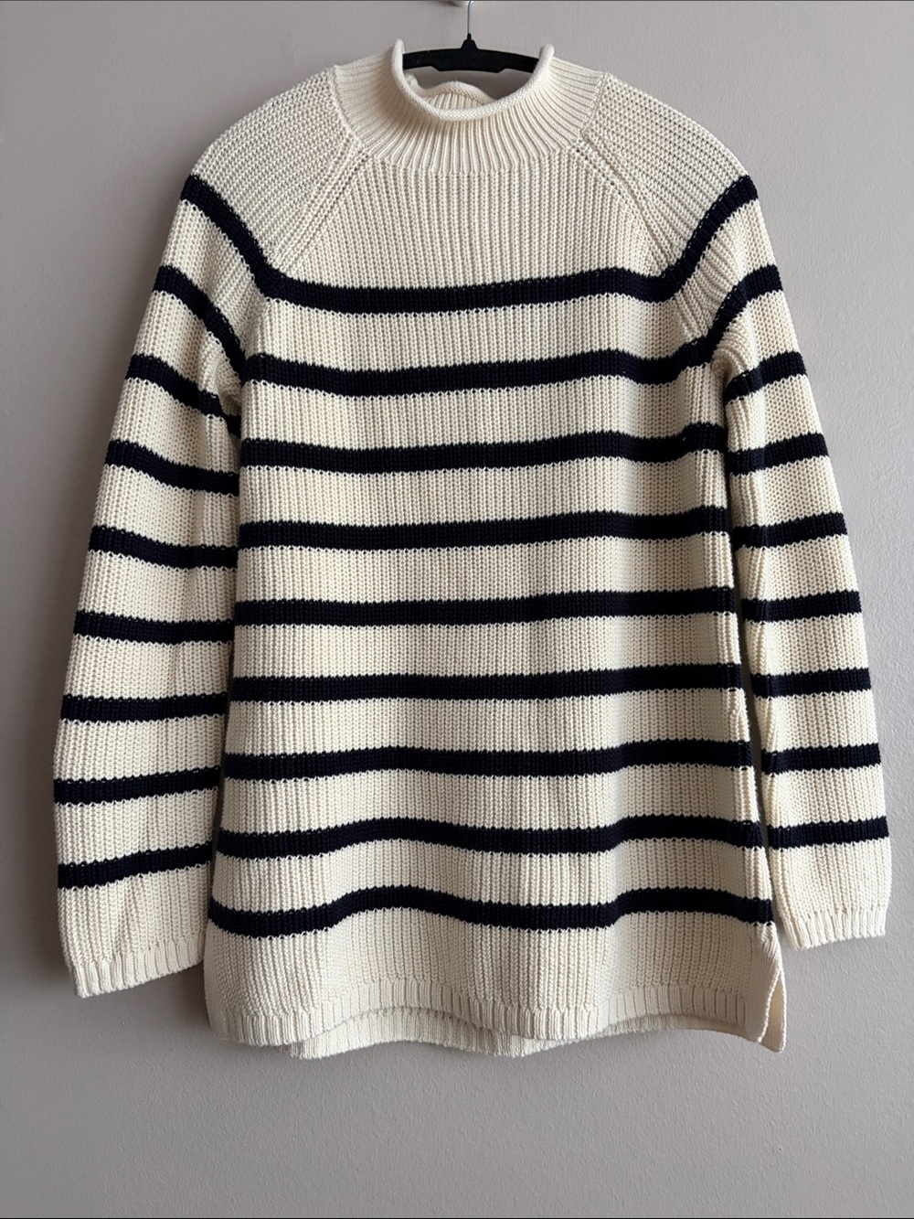 TALBOTS Cotton Shaker Stitch Striped Roll Neck Sweater Cream Navy Size M